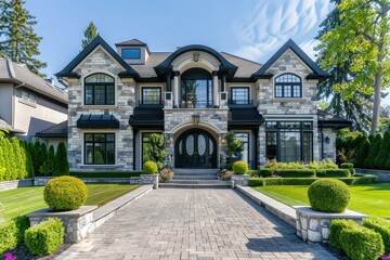 Luxurious custom house with beautifully landscaped front yard in Canadian neighborhood