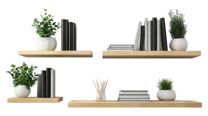 Stylish wooden shelves adorned with books and potted plants in a modern interior setting.