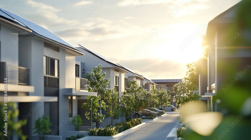 Poster A row of houses with a tree in front of each one