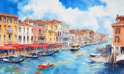 Obraz premium Watercolor Beautiful view of the Grand Canal with boats and colorful facades of old medieval houses from the Rialto Bridge in Venice, Italy. Venice is a popular