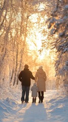 A family walks through a snowy forest. AI.