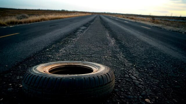 A solitary tire lies on an empty road, evoking themes of abandonment and isolation amidst a vast, desolate landscape.
