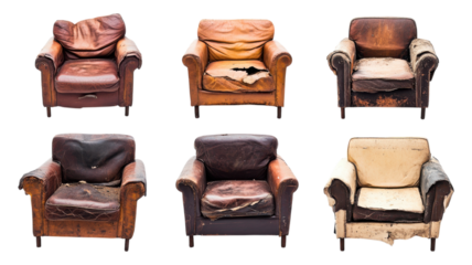 Various worn leather armchairs showing significant wear and tear against a transparent background.