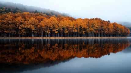 Fototapeta premium Autumn landscape with dense forest of orange and yellow trees reflected in a calm lake under a foggy sky.