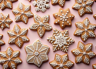 Fototapeta premium Gingerbread Cookies with Snowflake Designs on Pastel Pink Background - Festive Holiday Treats, Cozy Winter Vibes, Sweet Delights, Product Photography, High Contrast, Soft Light