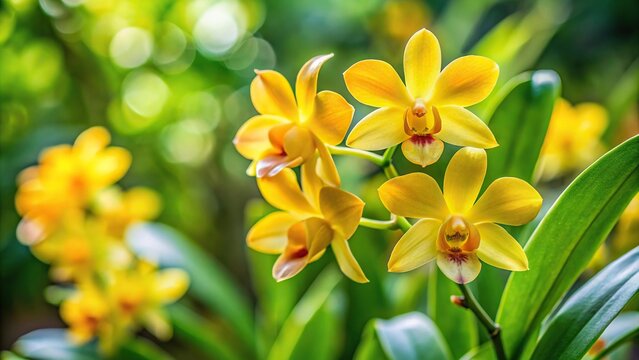 A solitary yellow Dendrobium orchid against a green leaf background, nature photography, exotic flowers, botanicals, blooming flowers