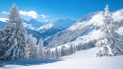 Snowboarders descend through pristine snow-covered mountains on a sunny winter day