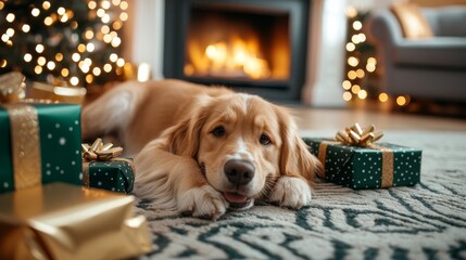 Golden Retriever Dog Relaxing by Christmas Tree and Fireplace