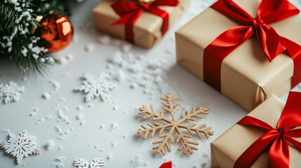 Wrapped gifts and snowflakes scattered on white background with red ribbons