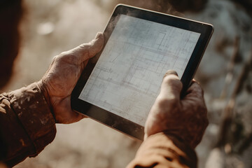 Close-up of weathered hands holding modern digital tablet, blueprint plans visible on screen, dusty construction site background