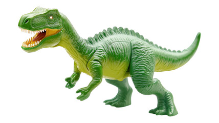 Naklejka premium A vibrant green dinosaur toy stands against a transparent background showcasing its detailed design and playful features.