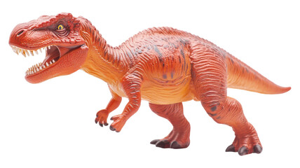 A brightly colored dinosaur toy stands on a neutral background, showcasing intricate details and realistic features for imaginative play.