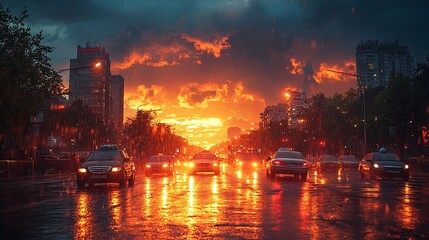 Fototapeta premium Dramatic Sunset Following Rainy Urban Scene