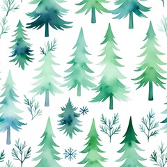 Obraz premium Delicate watercolor Christmas trees with subtle snowflakes on a soft pastel background, minimal design, light color palette, seamless pattern