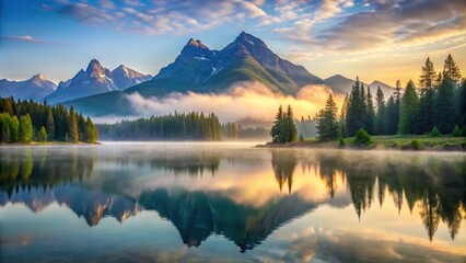 A serene mountain landscape with misty peaks and a tranquil lake in the foreground, mountains, serenity, wilderness, scenery