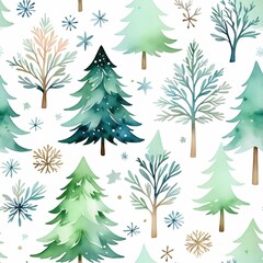 Delicate watercolor Christmas trees with subtle snowflakes on a soft pastel background, minimal design, light color palette, seamless pattern