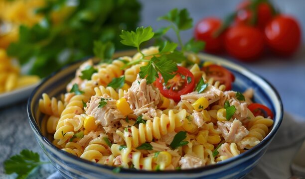 Pasta salad with tuna sweetcorn and mayo dressing