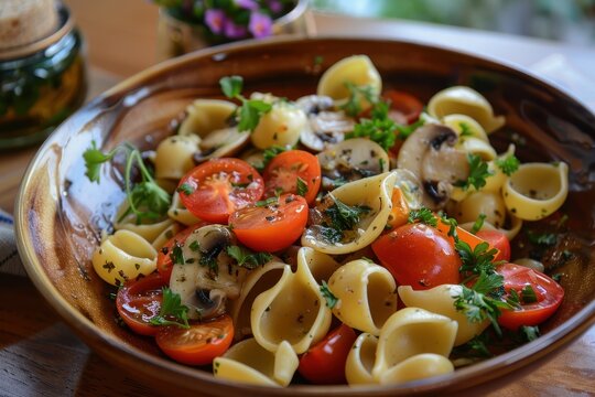 Pasta salad with tomatoes arugula mushrooms and herbs