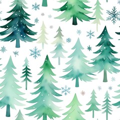 Delicate watercolor Christmas trees with subtle snowflakes on a soft pastel background, minimal design, light color palette, seamless pattern