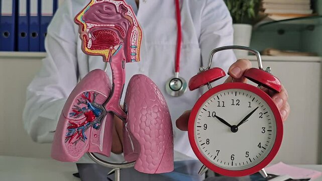 Prevention of pulmonary diseases anatomy of the lungs and an alarm clock in the hands of a doctor