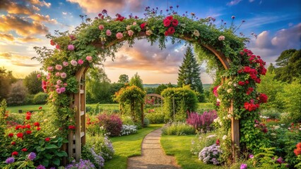 Fototapeta premium A picturesque floral border surrounds a charming garden arbor with climbing vines, garden decor, garden design, hardscaping, botanicals