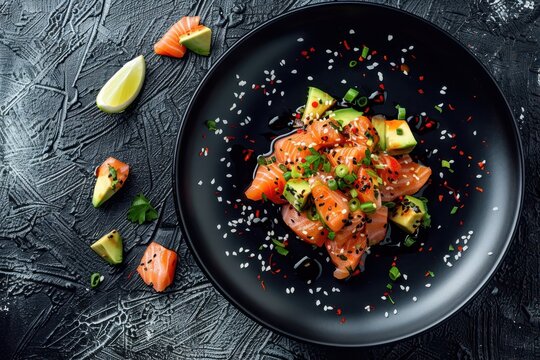 Peruvian Japanese fusion cuisine Salmon avocado ceviche on black plate top view