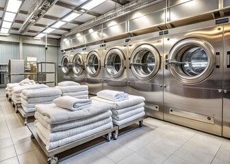 High-End Hotel Laundry Room with Industrial Washing Machines and Dryers in Action, Processing Bed Linens and Towels, Macro Photography, Cleanliness and Efficiency Focused