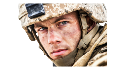 Close-up of a soldier in camouflage gear reflecting determination during a military training exercise in the afternoon light.