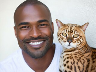 A man smiles with his cat. AI.
