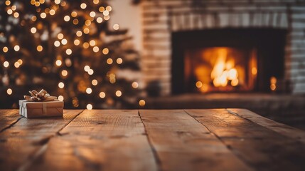 A cozy Christmas home interior with a fireplace, a decorated Christmas tree in a blurred background. A copy space on empty wooden table. A friendly inviting atmosphere. Merry Christmas Happy New Year