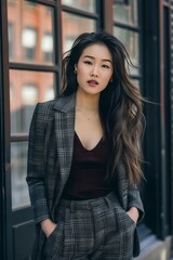 Confident young woman in plaid suit outdoors