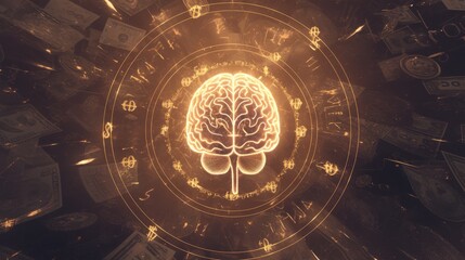 Fototapeta premium Brain illustration with golden circle graphic behind it. Financial concept, money making idea, business idea.