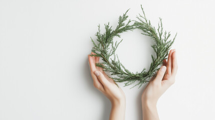 Hands holding simple fir wreaths with natural greenery for Christmas decor