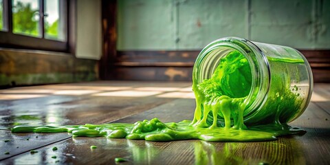 A glob of green slime oozes out of a jar and lands on a dirty floor, surrounded by a messy room, filth, room, spill, slime, grime