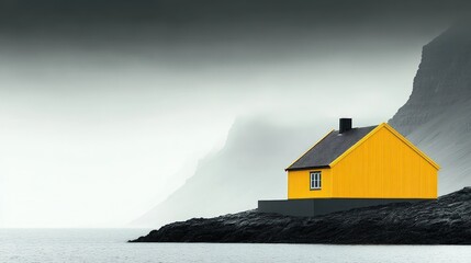 A lone yellow house stands on a rocky shore, shrouded in fog.