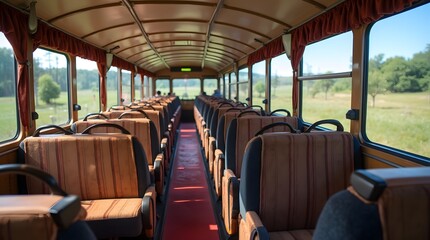 Fototapeta premium Empty interior of a retro bus. Brown leather bus seats just like in the old days. An old example of a bus with curtains and a brown interior.