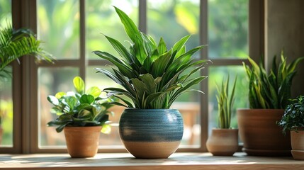 Fototapeta premium Indoor plants in decorative pots by a sunlit window.
