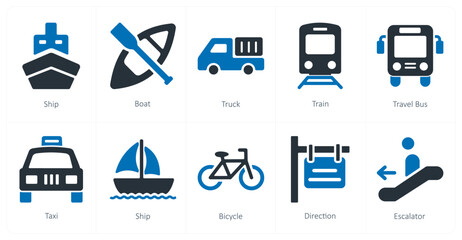A set of 10 travel and vacation icons as ship, boat, truck