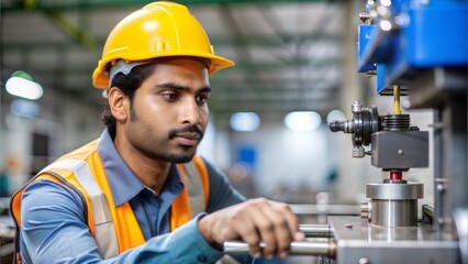 An Indian factory worker monitoring machinery and working on an assembly line in a production facility.	
