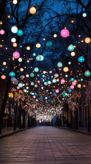 Colorful String Lights Illuminate Festive Street Scene