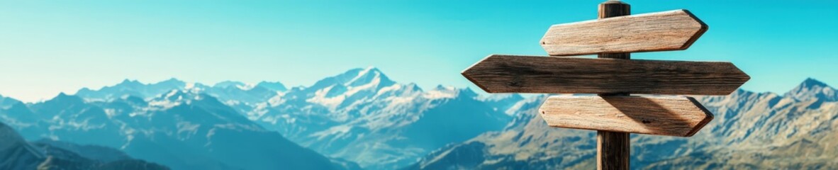 An isolated wooden signpost stands in a stunning mountain landscape, offering direction amidst the serene beauty of nature. Ideal for travel and adventure themes.