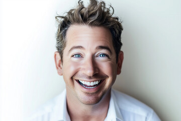 Cheerful close-up portrait of a man with blue eyes and a bright smile, AI generated