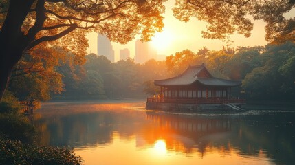 Fototapeta premium Serene sunset over a tranquil lake with a traditional pavilion.