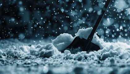 Removing snow with a black shovel during a snowstorm