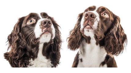 Two brown and white Springer Spaniel dogs looking up attentively against a transparent background.