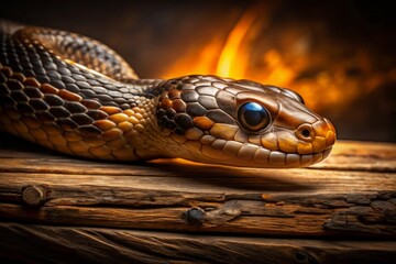 Obraz premium Long Exposure of Snake Head on Wooden Board Capturing Serpent Detail, Texture, Nature, Wildlife, Long Exposure Photography, Macro, Artistic Shot, Reptile, Wood, Contrast, Natural Light