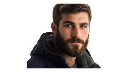 A young man with a beard and a thoughtful expression is wearing a hooded jacket against a transparent background.
