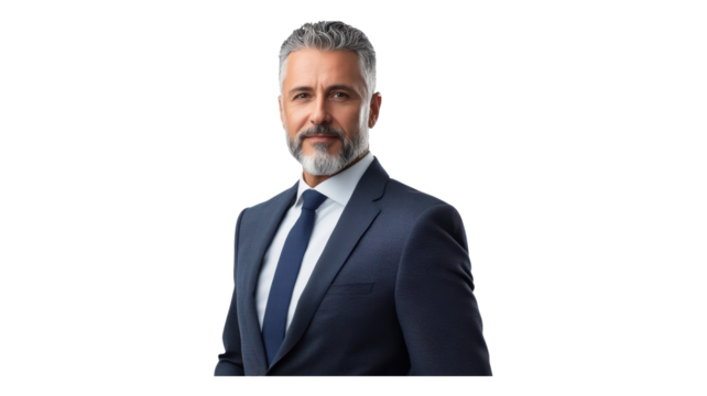 A professional man in a suit stands confidently, showcasing a refined demeanor against a transparent background.