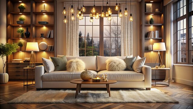 "Luxurious Modern Living Room with White Fluffy Sofa and Tall Ceiling"