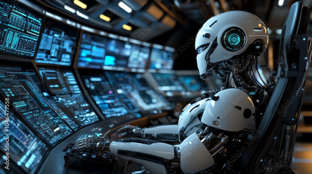 Poster A robot is sitting in a chair in front of a computer monitor